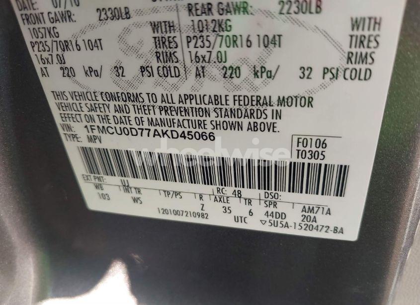 Photo 9 of 2010 Ford Escape XLT (VIN 1FMCU0D77AKD45066)