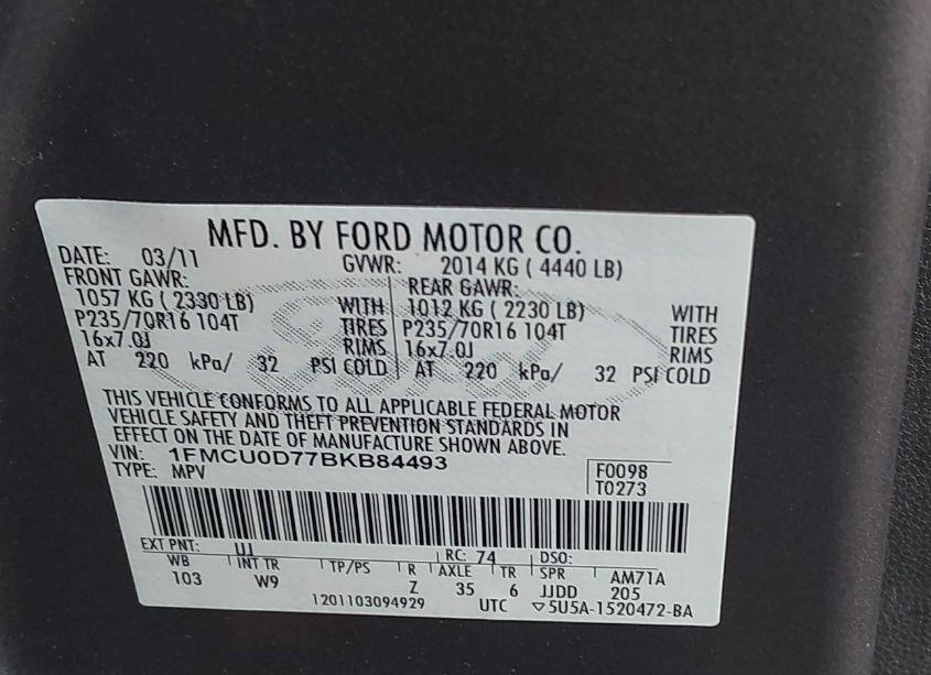 Photo 9 of 2011 Ford Escape XLT (VIN 1FMCU0D77BKB84493)