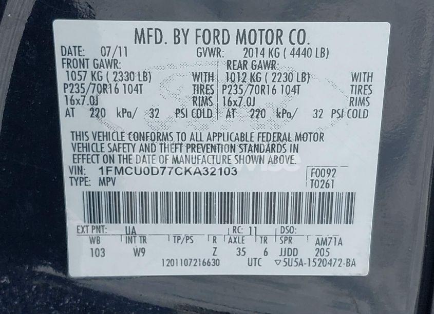 Photo 9 of 2012 Ford Escape XLT (VIN 1FMCU0D77CKA32103)