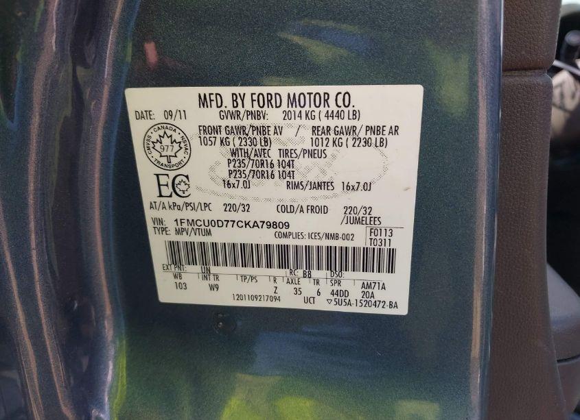 Photo 9 of 2012 Ford Escape XLT (VIN 1FMCU0D77CKA79809)