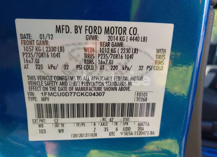 Photo 9 of 2012 Ford Escape XLT (VIN 1FMCU0D77CKC04307)