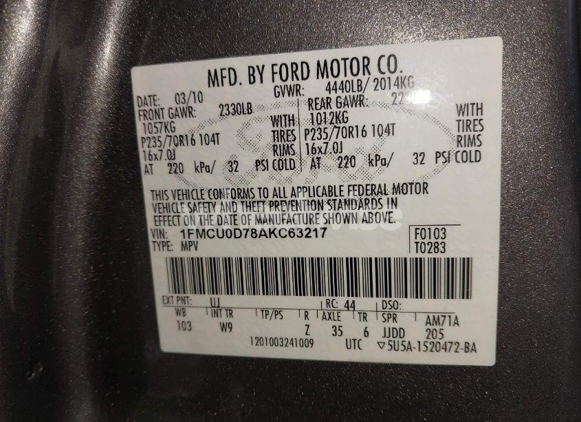 Photo 9 of 2010 Ford Escape XLT (VIN 1FMCU0D78AKC63217)