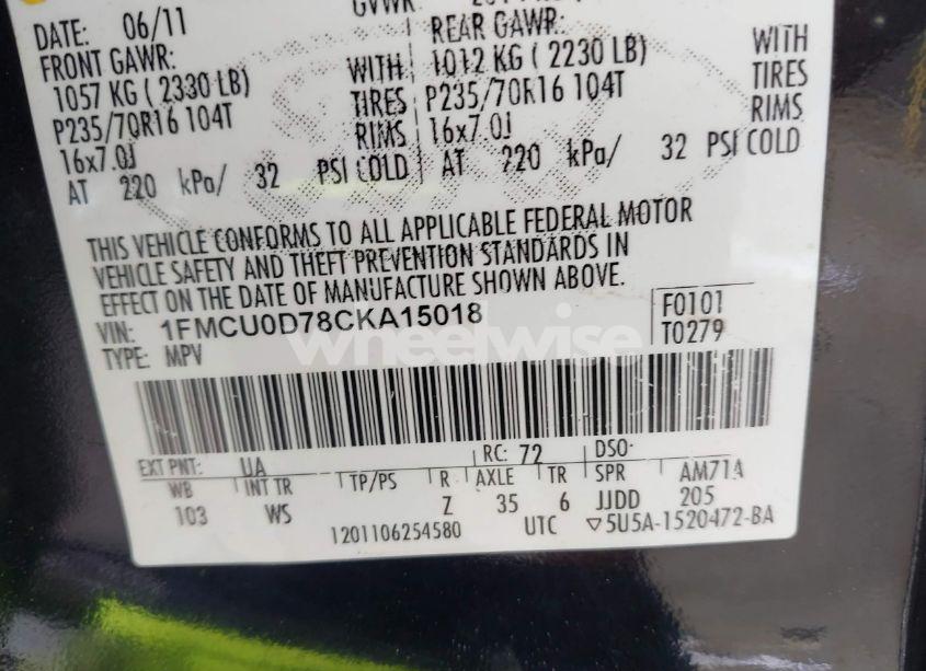 Photo 9 of 2012 Ford Escape XLT (VIN 1FMCU0D78CKA15018)