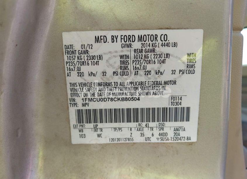 Photo 9 of 2012 Ford Escape XLT (VIN 1FMCU0D78CKB80504)