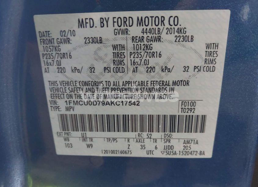 Photo 9 of 2010 Ford Escape XLT (VIN 1FMCU0D79AKC17542)