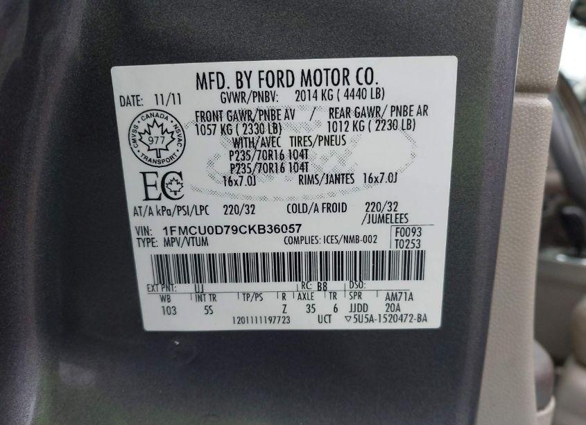 Photo 9 of 2012 Ford Escape XLT (VIN 1FMCU0D79CKB36057)