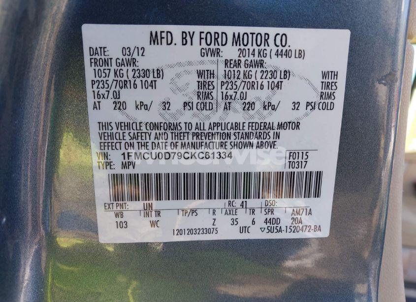 Photo 9 of 2012 Ford Escape XLT (VIN 1FMCU0D79CKC61334)