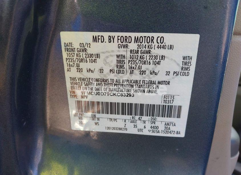 Photo 9 of 2012 Ford Escape XLT (VIN 1FMCU0D79CKC63293)