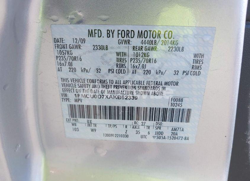 Photo 9 of 2010 Ford Escape XLT (VIN 1FMCU0D7XAKB62339)