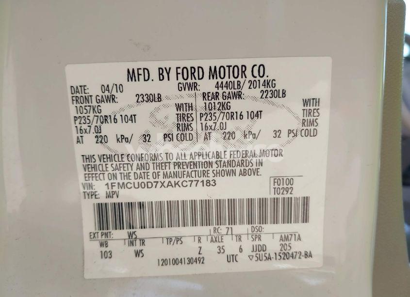 Photo 9 of 2010 Ford Escape XLT (VIN 1FMCU0D7XAKC77183)