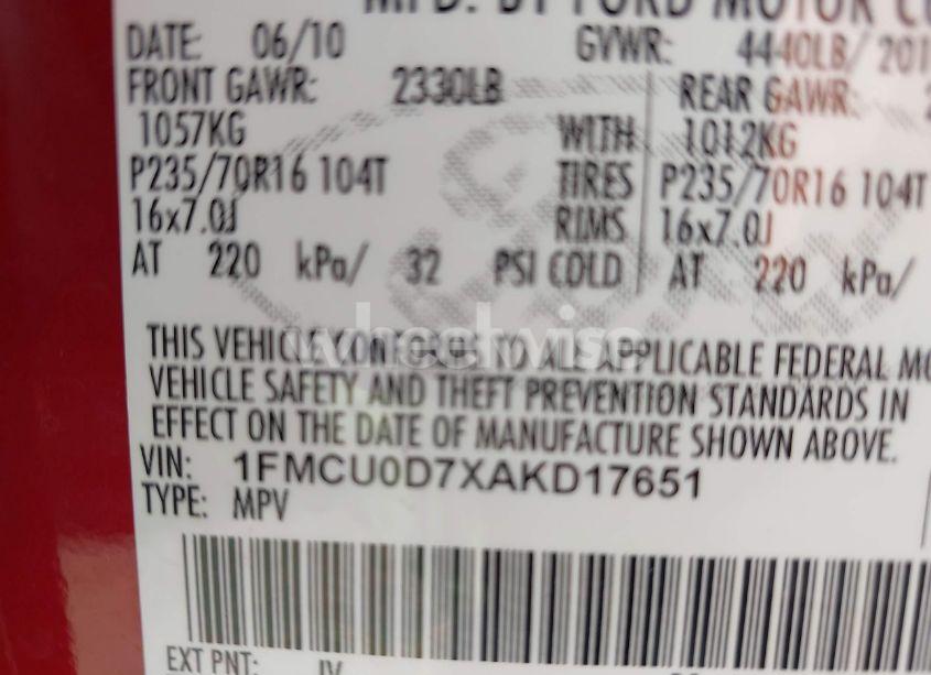 Photo 9 of 2010 Ford Escape XLT (VIN 1FMCU0D7XAKD17651)