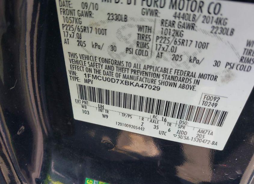 Photo 9 of 2011 Ford Escape XLT (VIN 1FMCU0D7XBKA47029)