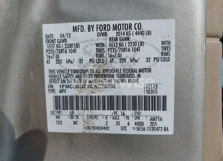 Photo 9 of 2012 Ford Escape XLT (VIN 1FMCU0D7XCKC75095)