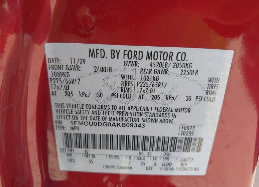 Photo 9 of 2010 Ford Escape XLT (VIN 1FMCU0DG0AKB09343)