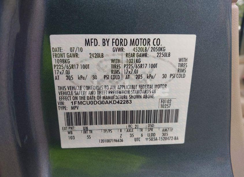 Photo 9 of 2010 Ford Escape XLT (VIN 1FMCU0DG0AKD42283)