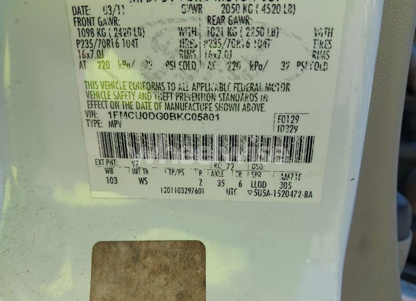 Photo 9 of 2011 Ford Escape XLT (VIN 1FMCU0DG0BKC05801)