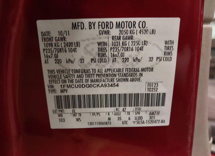 Photo 9 of 2012 Ford Escape XLT (VIN 1FMCU0DG0CKA93454)