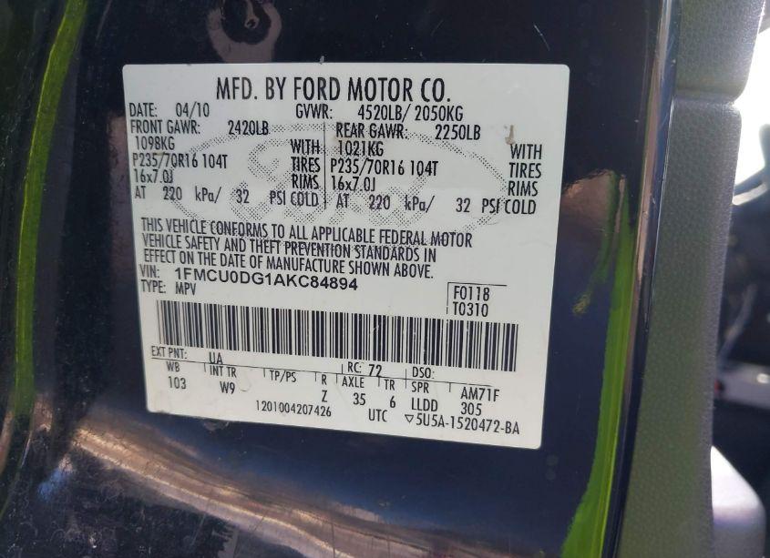 Photo 9 of 2010 Ford Escape XLT (VIN 1FMCU0DG1AKC84894)