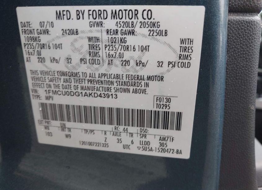 Photo 9 of 2010 Ford Escape XLT (VIN 1FMCU0DG1AKD43913)
