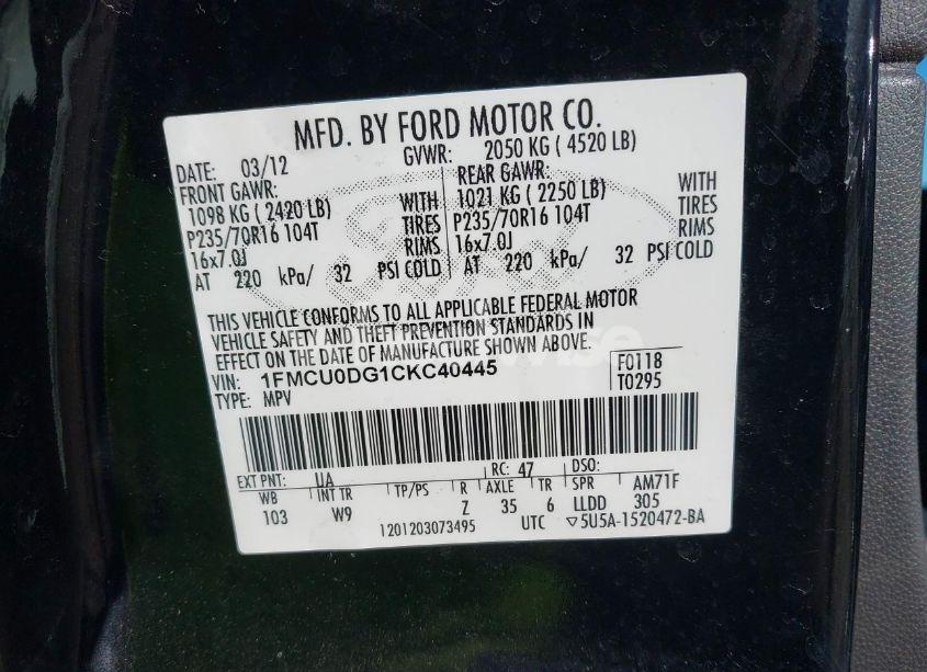 Photo 9 of 2012 Ford Escape XLT (VIN 1FMCU0DG1CKC40445)