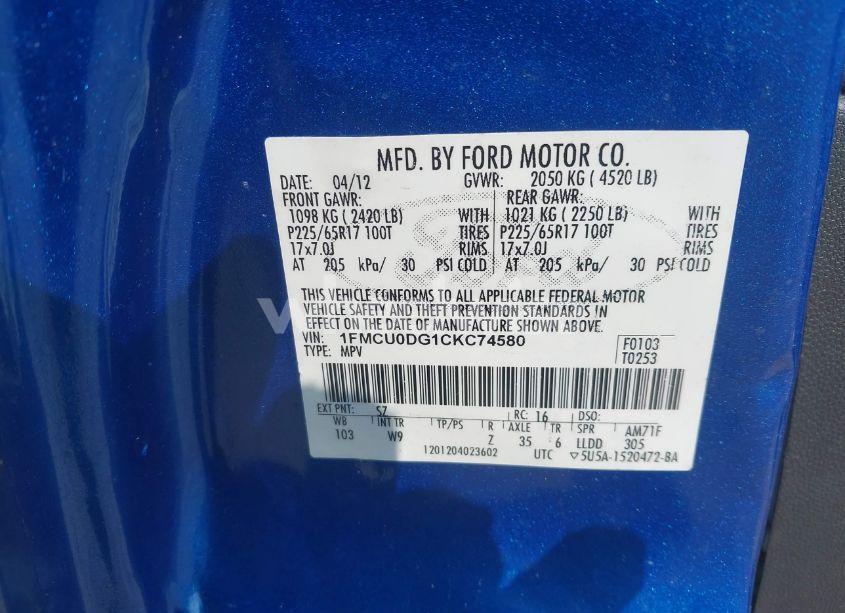 Photo 9 of 2012 Ford Escape XLT (VIN 1FMCU0DG1CKC74580)