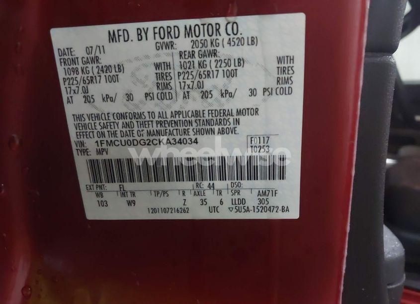 Photo 9 of 2012 Ford Escape XLT (VIN 1FMCU0DG2CKA34034)