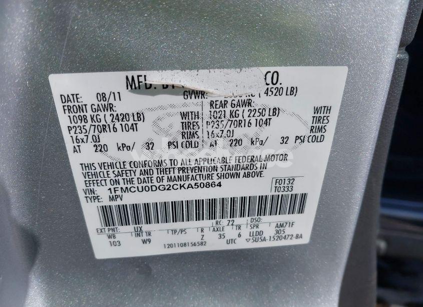 Photo 9 of 2012 Ford Escape XLT (VIN 1FMCU0DG2CKA50864)