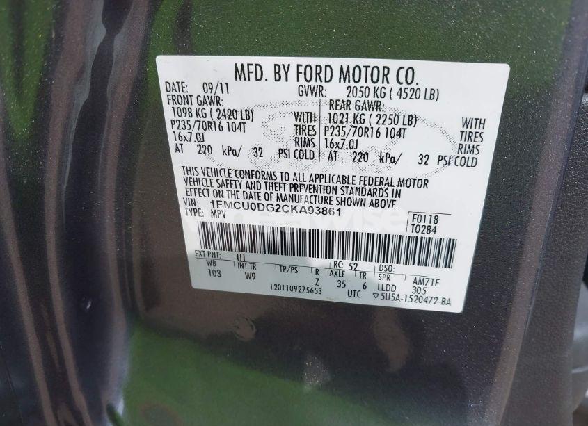 Photo 9 of 2012 Ford Escape XLT (VIN 1FMCU0DG2CKA93861)