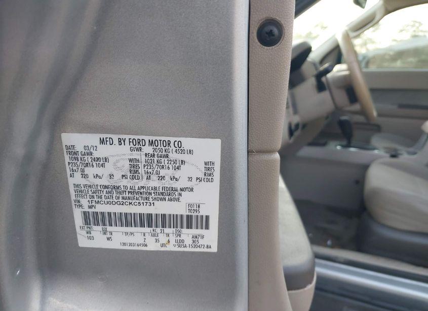 Photo 9 of 2012 Ford Escape XLT (VIN 1FMCU0DG2CKC51731)