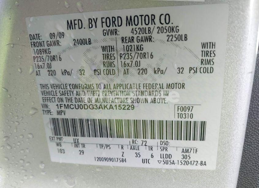 Photo 9 of 2010 Ford Escape XLT (VIN 1FMCU0DG3AKA15229)