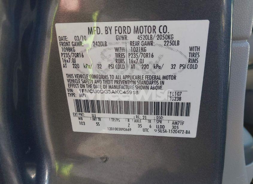 Photo 9 of 2010 Ford Escape XLT (VIN 1FMCU0DG3AKC45918)