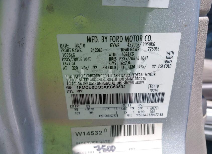 Photo 9 of 2010 Ford Escape XLT (VIN 1FMCU0DG3AKC60502)