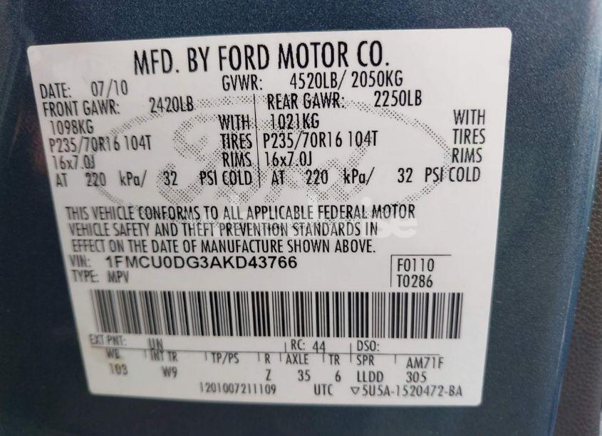 Photo 9 of 2010 Ford Escape XLT (VIN 1FMCU0DG3AKD43766)