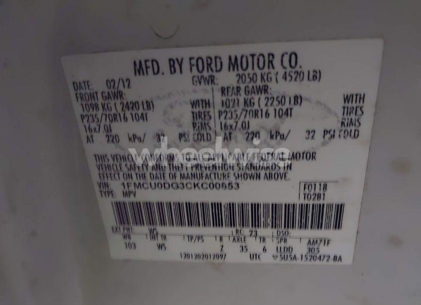 Photo 9 of 2012 Ford Escape XLT (VIN 1FMCU0DG3CKC00853)