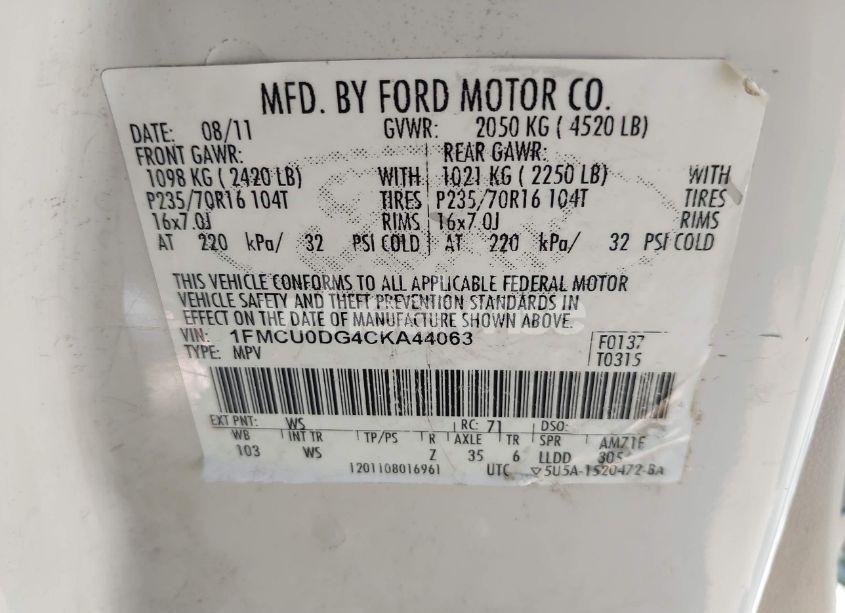 Photo 9 of 2012 Ford Escape XLT (VIN 1FMCU0DG4CKA44063)