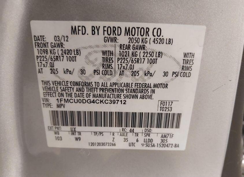 Photo 9 of 2012 Ford Escape XLT (VIN 1FMCU0DG4CKC39712)