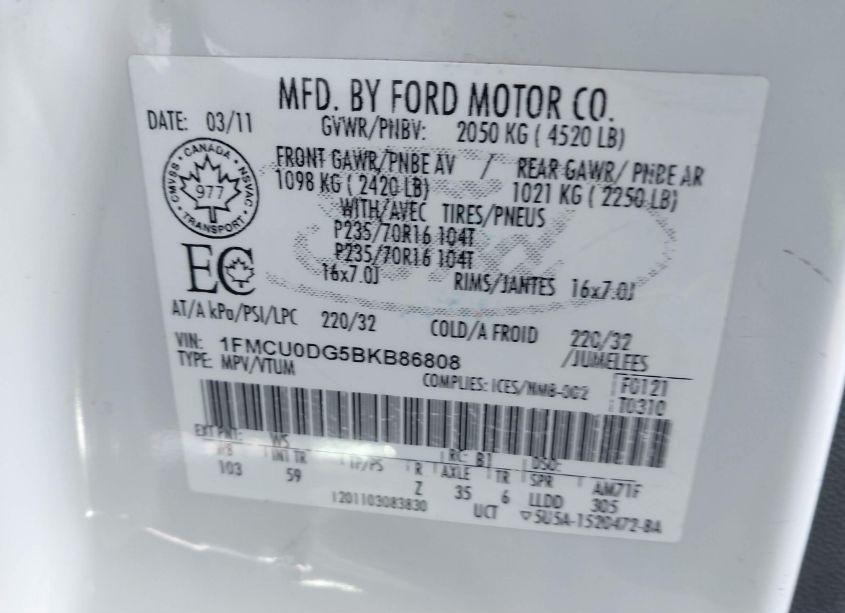 Photo 9 of 2011 Ford Escape XLT AUTOMATIC (VIN 1FMCU0DG5BKB86808)