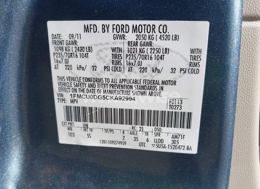 Photo 9 of 2012 Ford Escape XLT (VIN 1FMCU0DG5CKA92994)