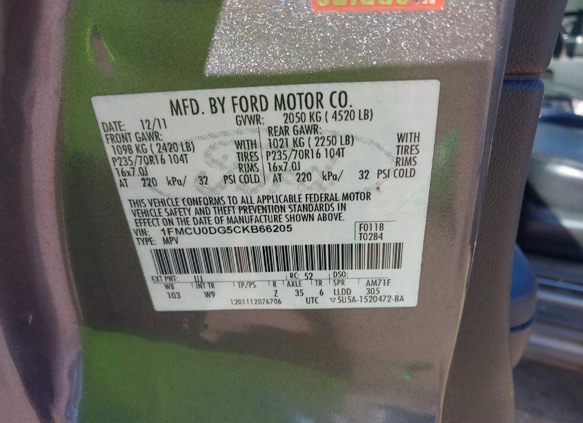 Photo 9 of 2012 Ford Escape XLT (VIN 1FMCU0DG5CKB66205)