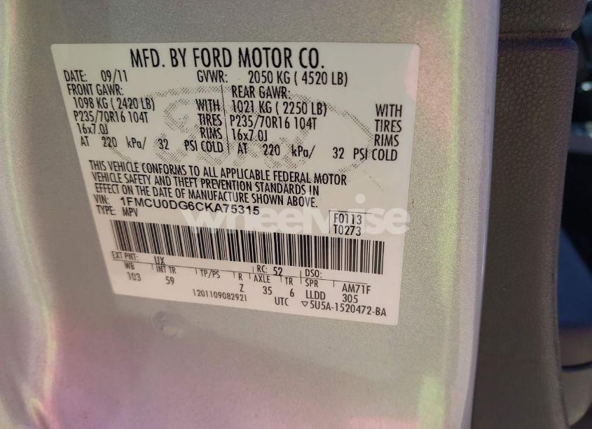 Photo 9 of 2012 Ford Escape XLT (VIN 1FMCU0DG6CKA75315)