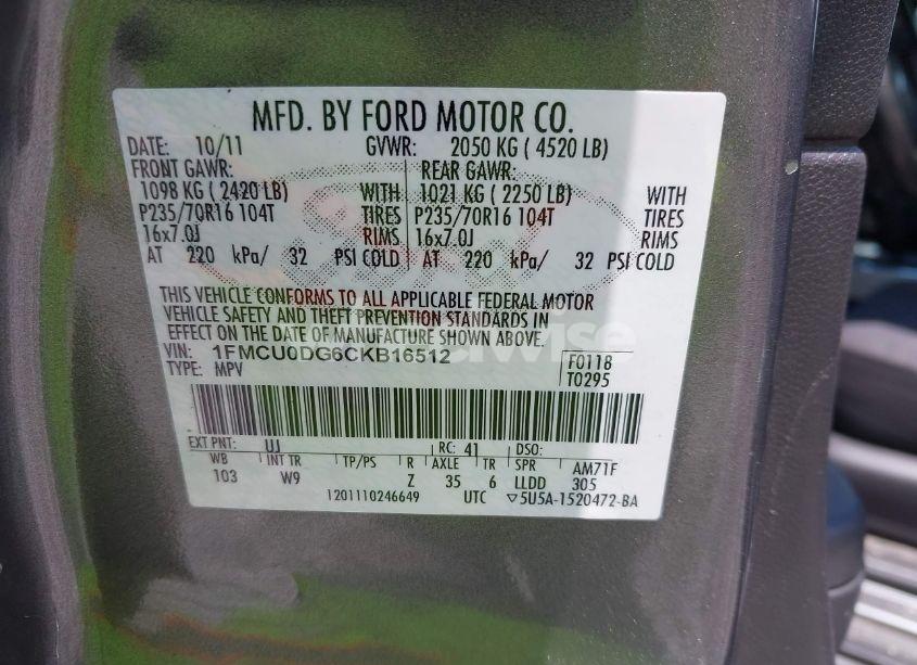 Photo 9 of 2012 Ford Escape XLT (VIN 1FMCU0DG6CKB16512)