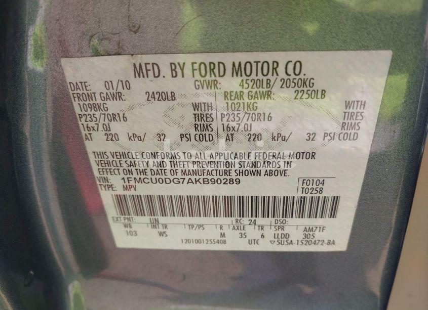 Photo 9 of 2010 Ford Escape XLT (VIN 1FMCU0DG7AKB90289)