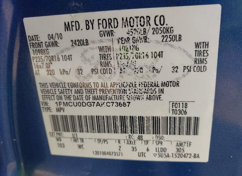 Photo 9 of 2010 Ford Escape XLT (VIN 1FMCU0DG7AKC73687)