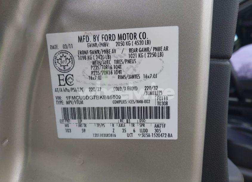 Photo 9 of 2011 Ford Escape XLT AUTOMATIC (VIN 1FMCU0DG7BKB86809)