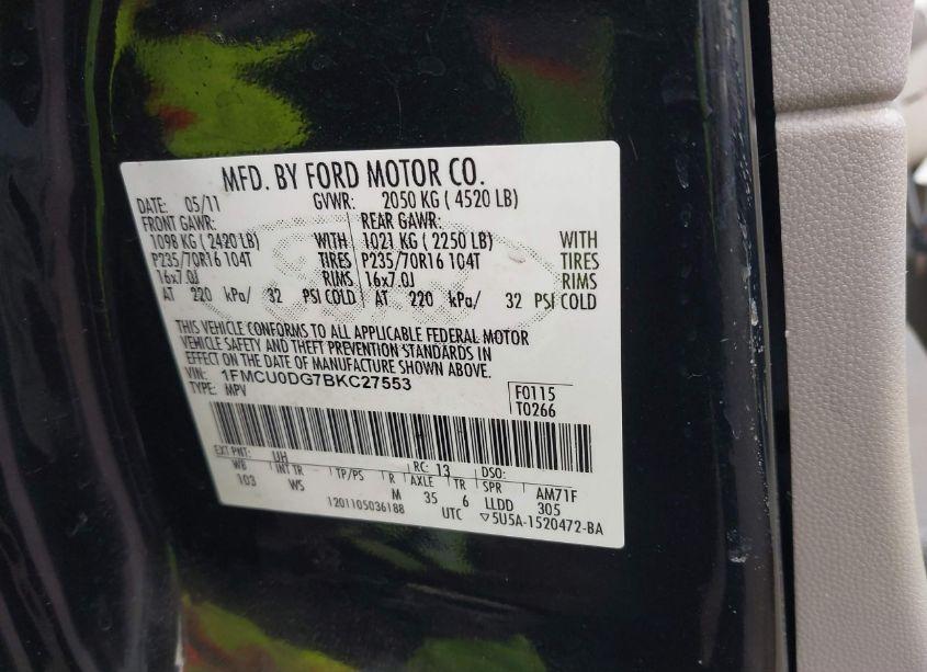 Photo 9 of 2011 Ford Escape XLT (VIN 1FMCU0DG7BKC27553)