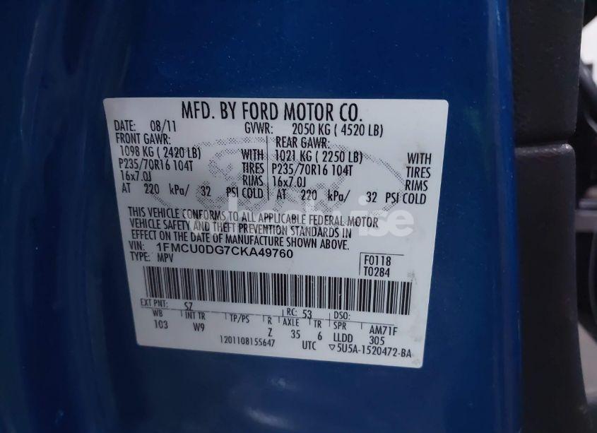 Photo 9 of 2012 Ford Escape XLT (VIN 1FMCU0DG7CKA49760)