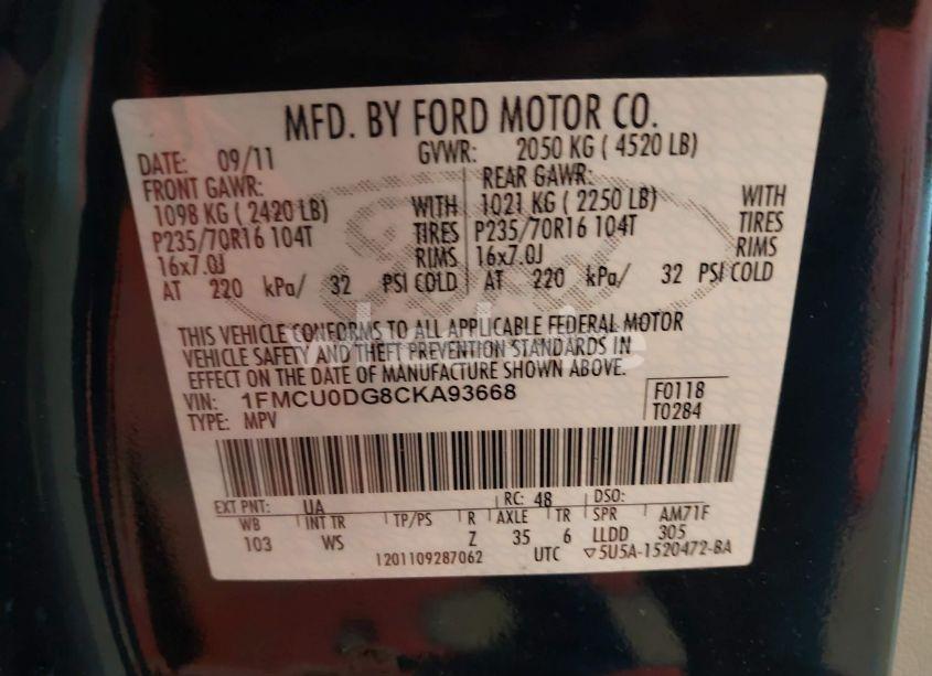 Photo 9 of 2012 Ford Escape XLT (VIN 1FMCU0DG8CKA93668)