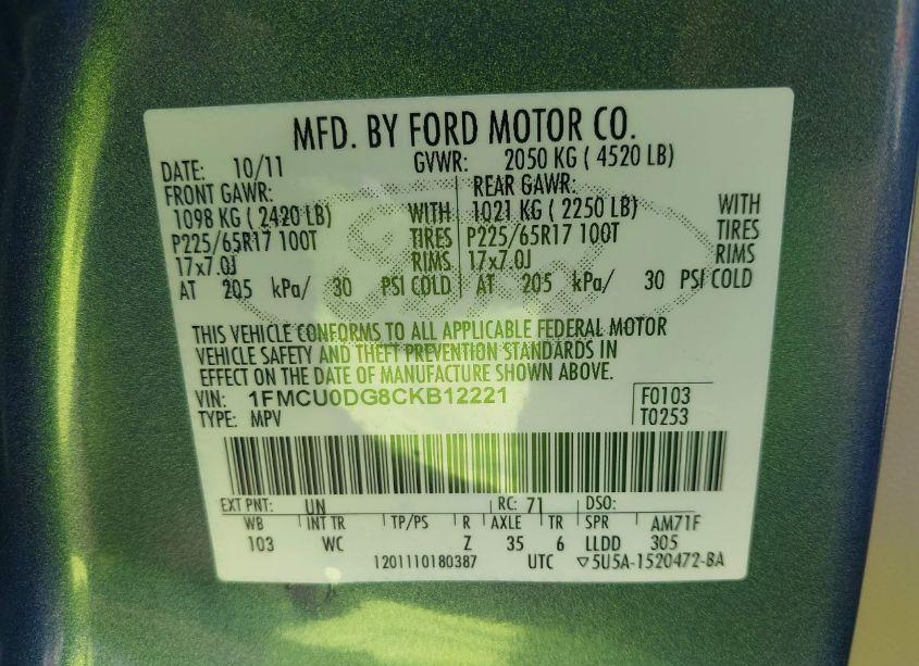 Photo 9 of 2012 Ford Escape XLT (VIN 1FMCU0DG8CKB12221)