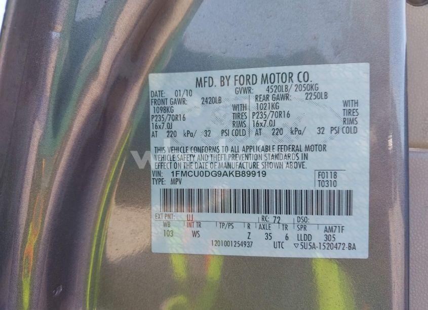 Photo 9 of 2010 Ford Escape XLT (VIN 1FMCU0DG9AKB89919)