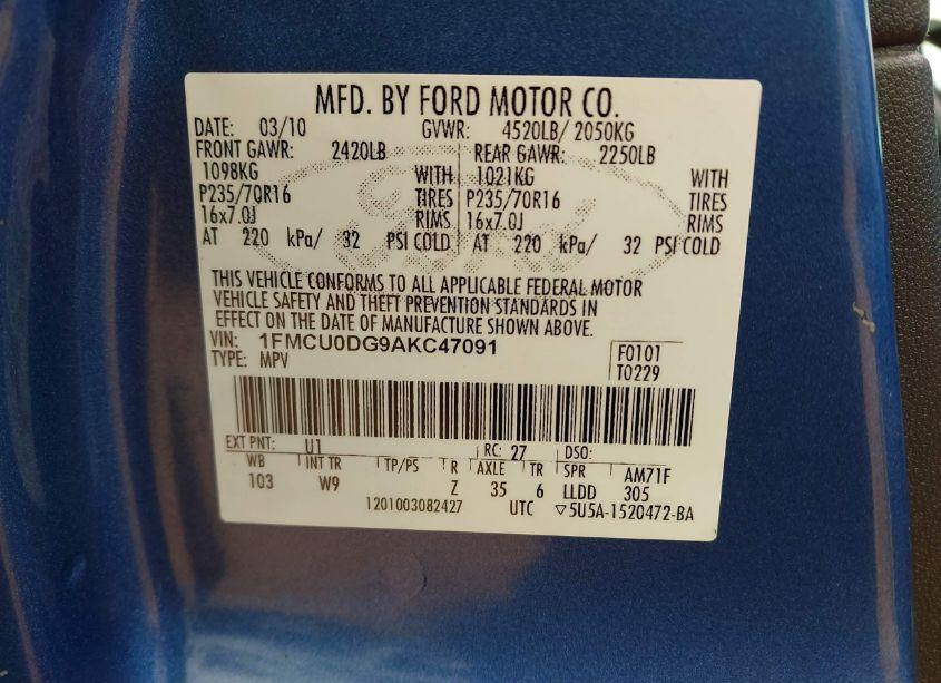 Photo 9 of 2010 Ford Escape XLT (VIN 1FMCU0DG9AKC47091)